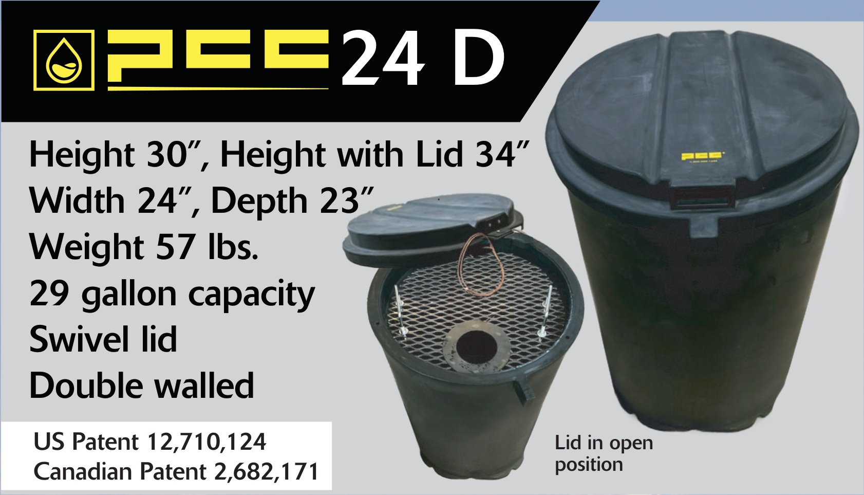 PCC 24 D pig catcher specifications and open and closed views. US Patent 12,710,124; Canadian Patent 2,682,171.